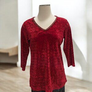 VTG Notations Petite M Red Velvet Festival Top Holiday‎ Party Luxe Sparkle Trim